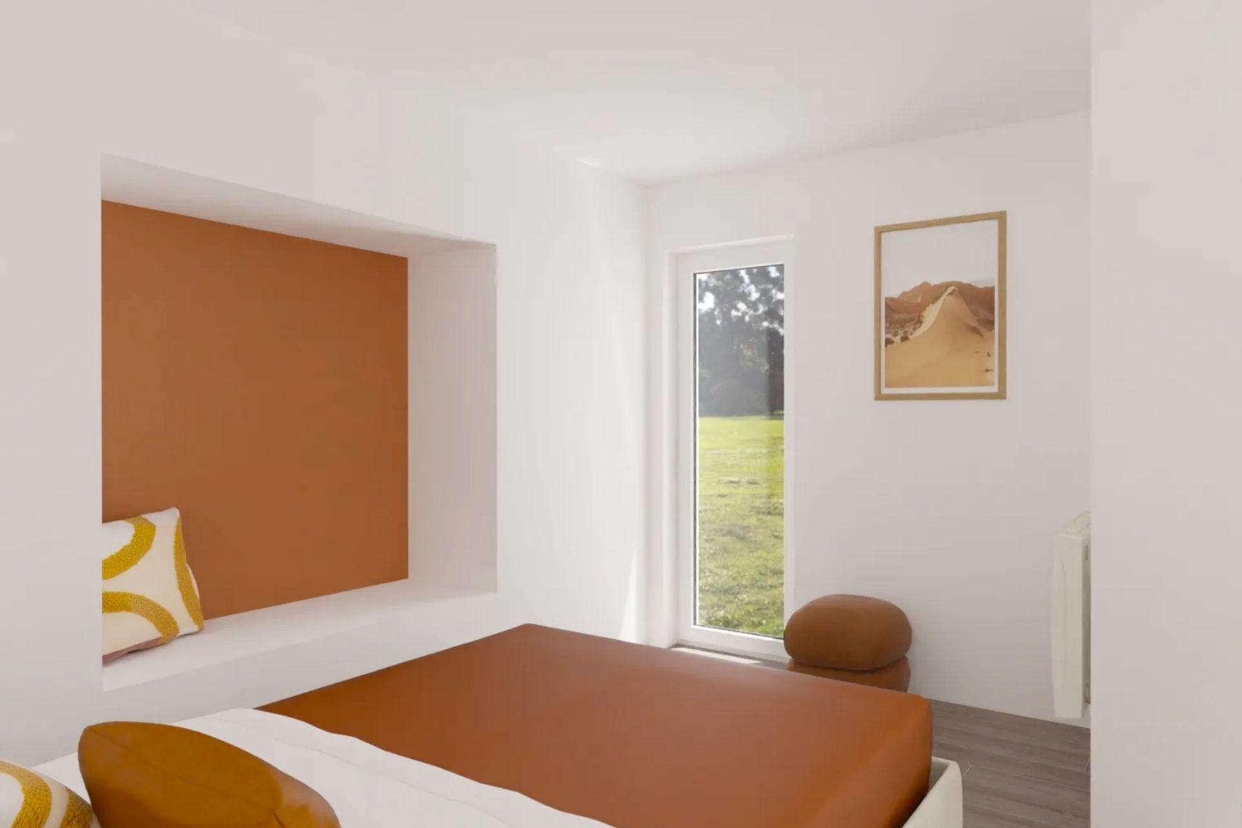 Bureau terracotta avec un papier peint panoramique pour délimiter l'espace de travail du coin nuit.