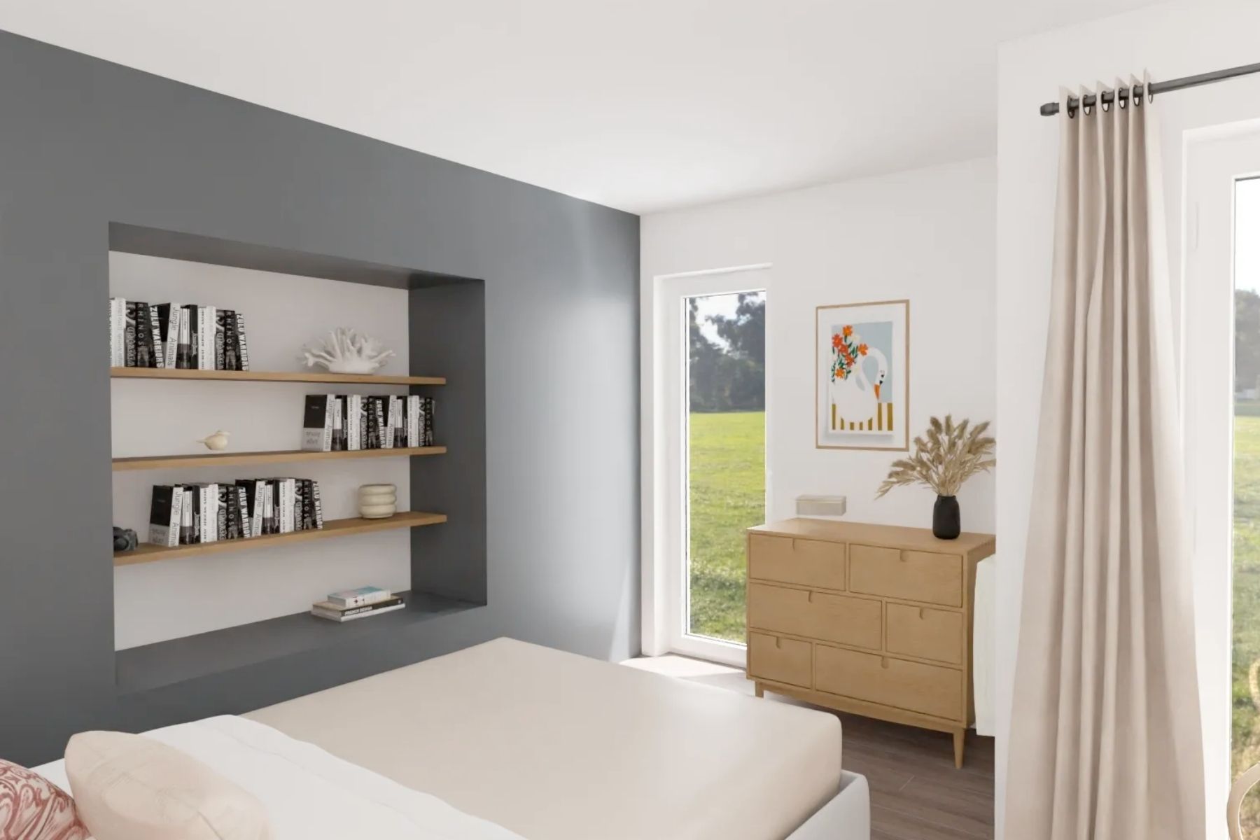 Bureau terracotta avec un papier peint panoramique pour délimiter l'espace de travail du coin nuit.