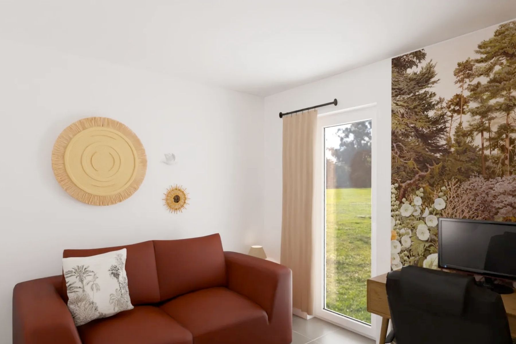 Bureau terracotta avec un papier peint panoramique pour délimiter l'espace de travail du coin nuit.