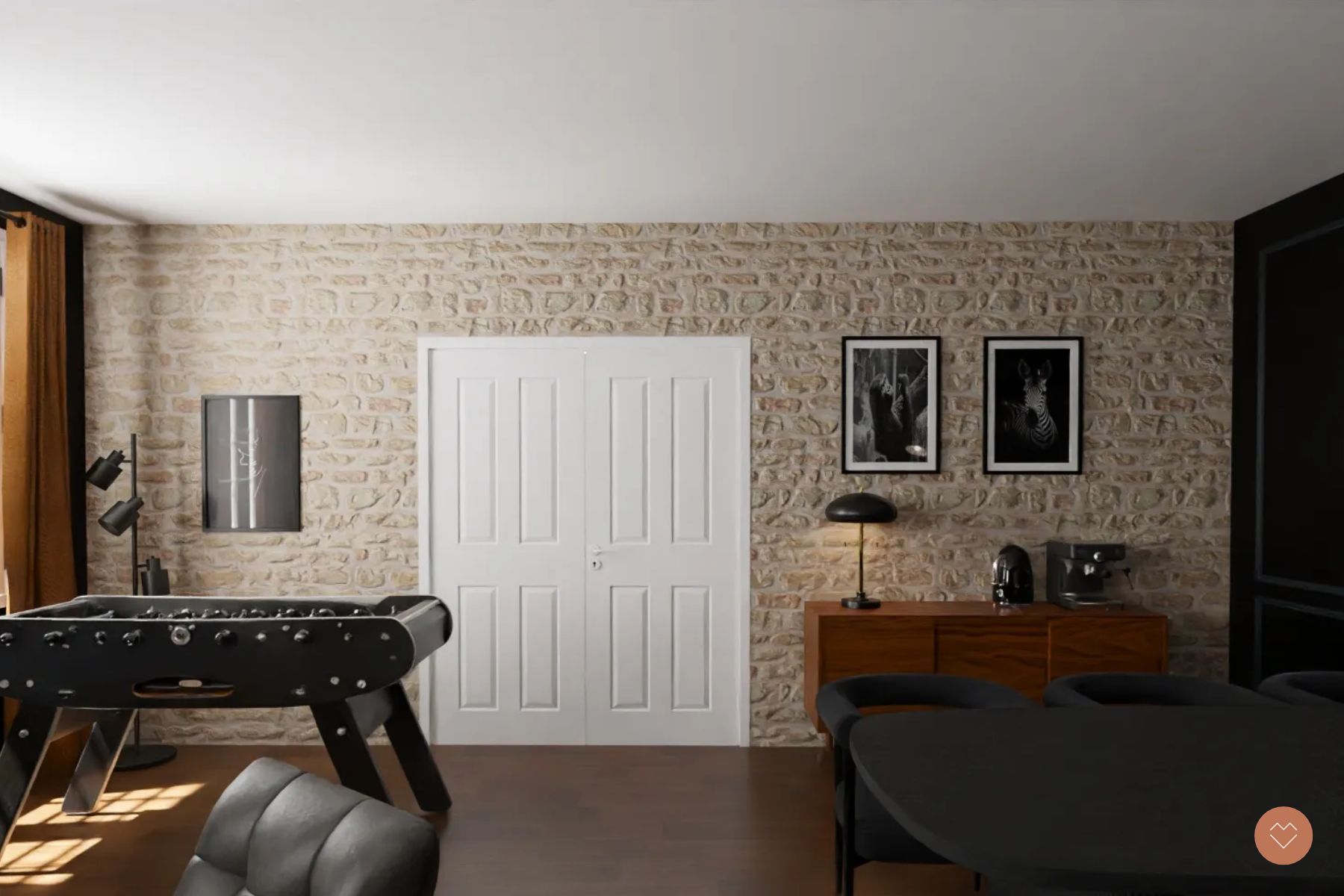 3D-salon-cosy-noir-pierres Vue 3D chambre d’amis vanille et tabac – linge de lit et rideaux coordonnés