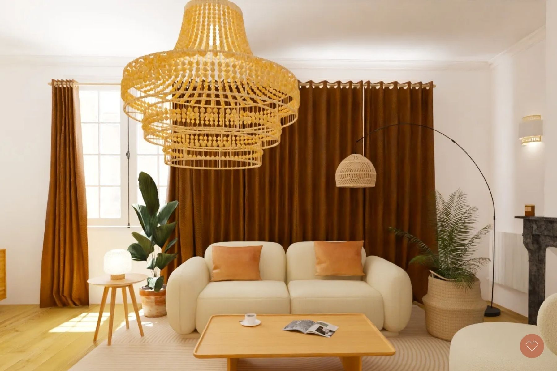 Vue 3D chambre d’amis vanille et tabac – linge de lit et rideaux coordonnés