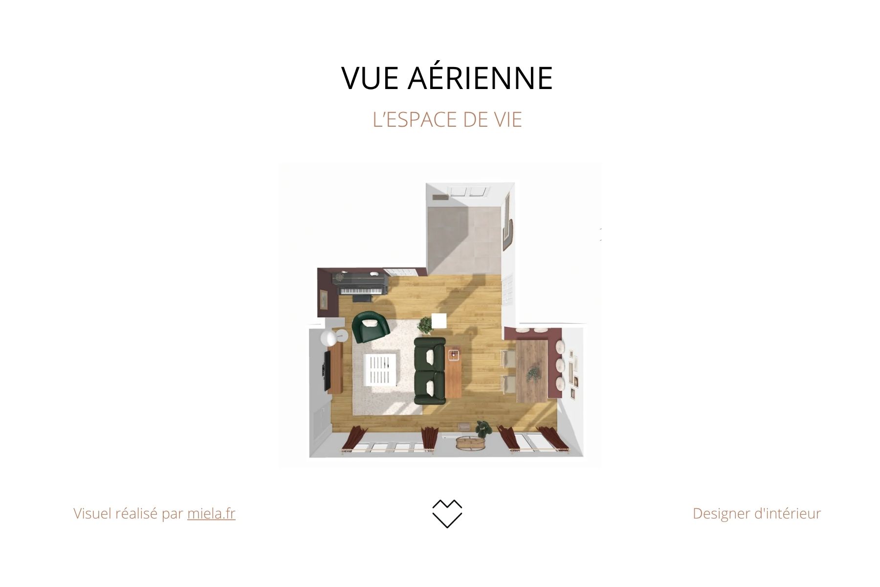 Vue 3D chambre d’amis vanille et tabac – linge de lit et rideaux coordonnés